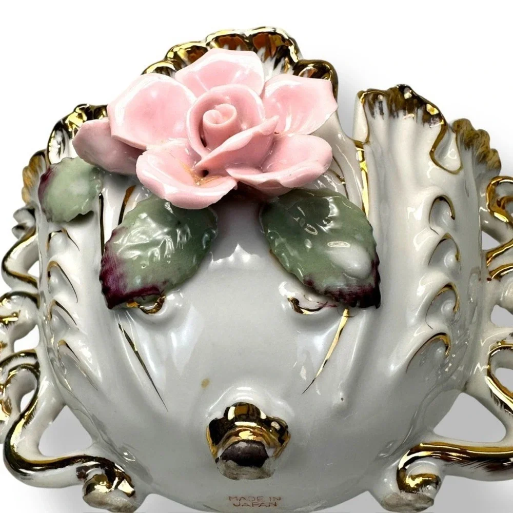 Vtg Ceramic Planter Trio Made in Japanese Rose Flower Gold Trim Decor